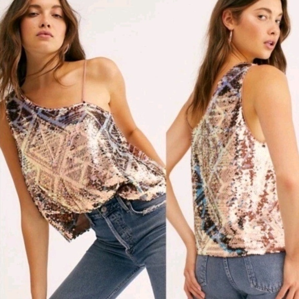 Free People One Shoulder Sequin Cami Top Rose Gold Geometric XS NWOT